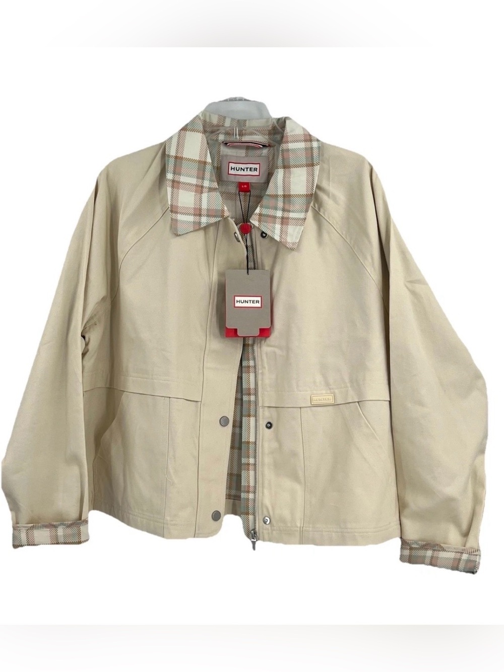 Hunter Plaid Collar Cotton Twill Crop Field Jacket Size Large